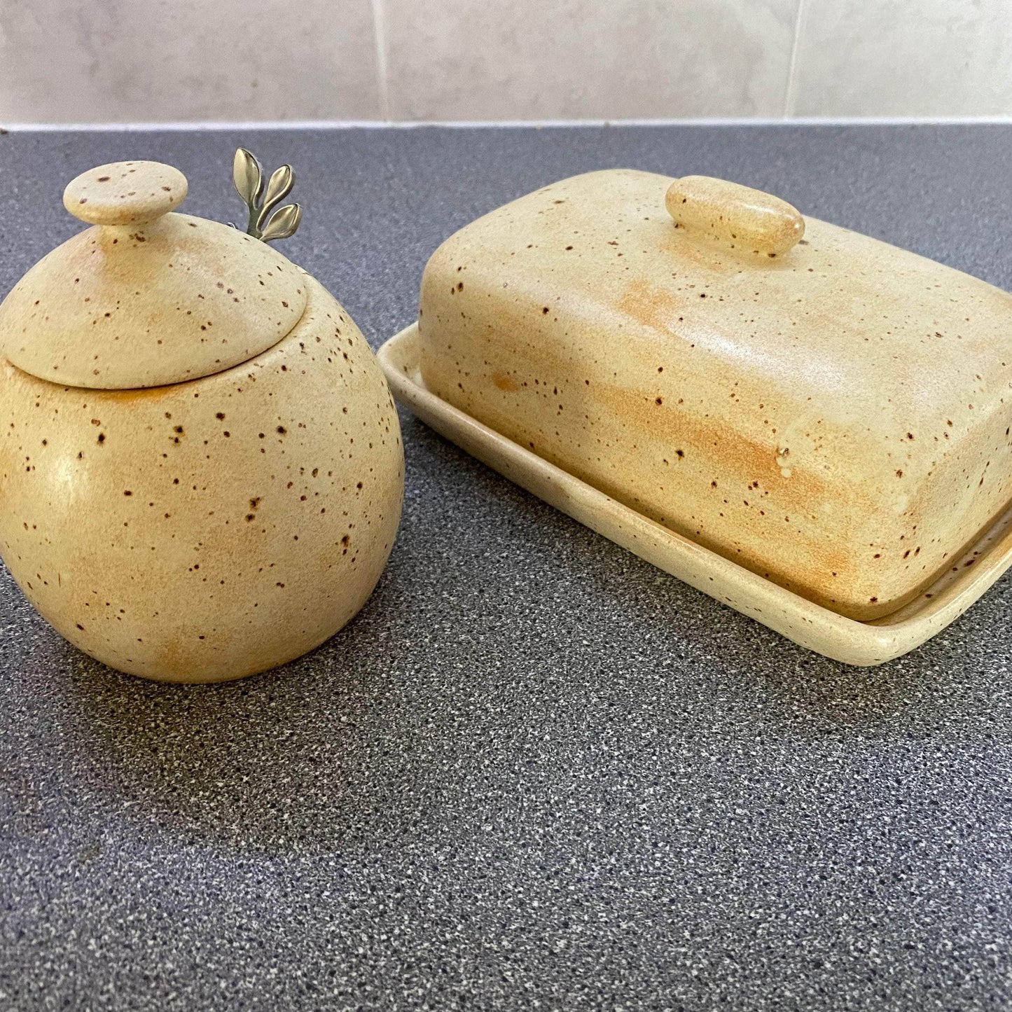 Butter Dish and Sugar Bowl Set Oatmeal Glaze