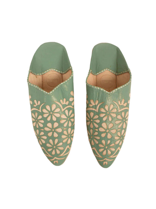 Moroccan Decorative Daisy Babouche Slippers, Sage