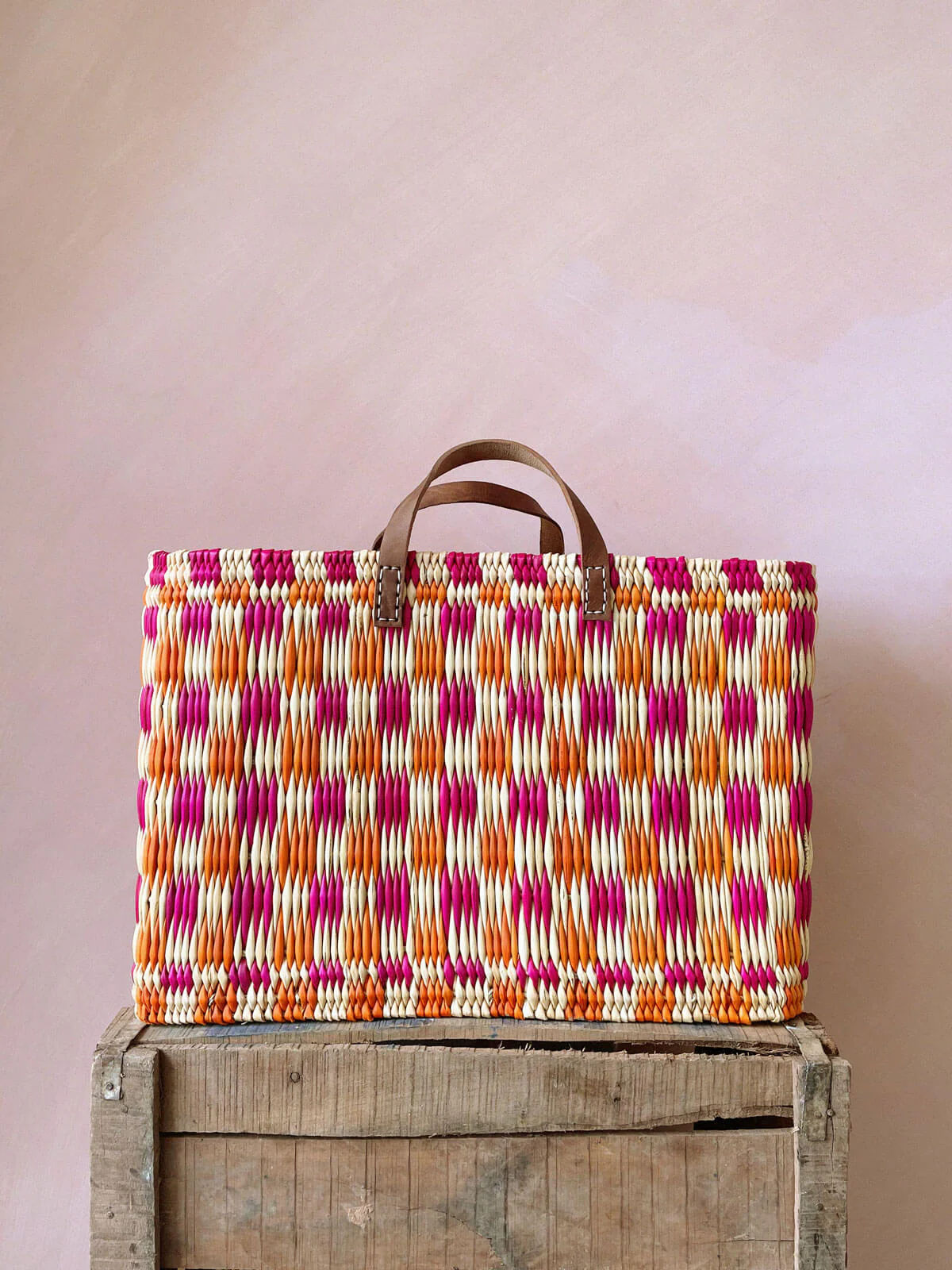 Chequered Reed Basket - Pink + Orange