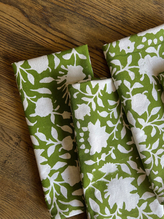 Block Printed Napkins Set of 4, Secret Garden in Green