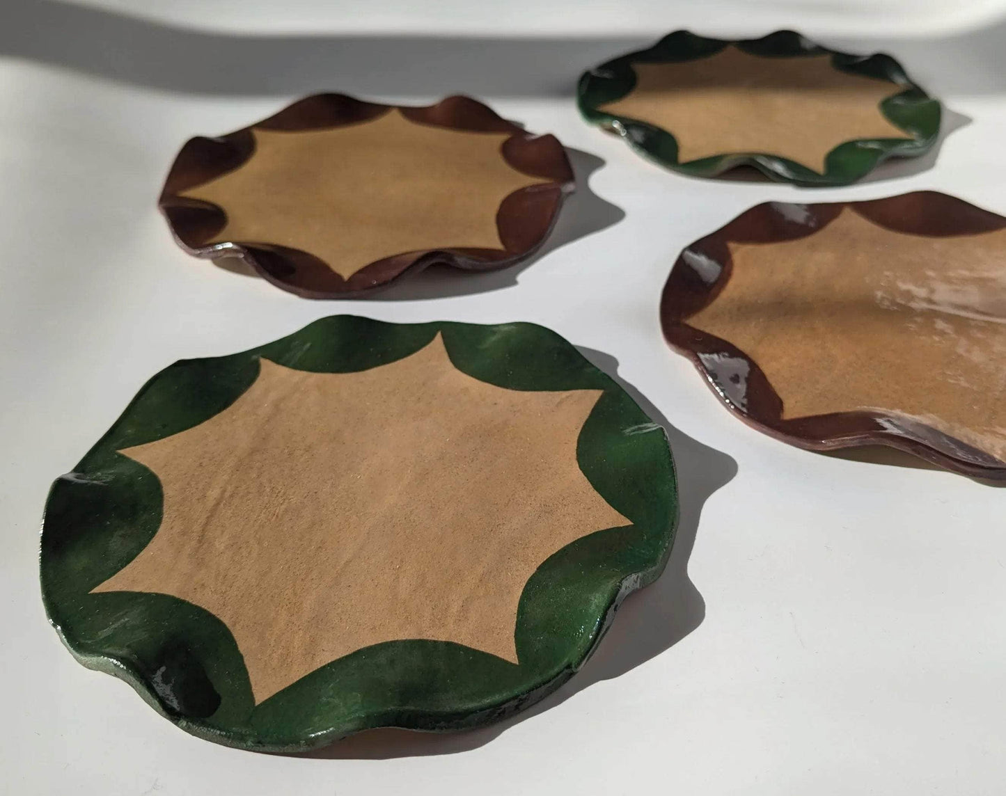 Set of 4 Green & Brown Wavy Scalloped Side Plates