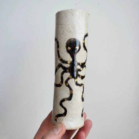 Handmade Pottery Octopus Cylinder Vases with Gold Lustre