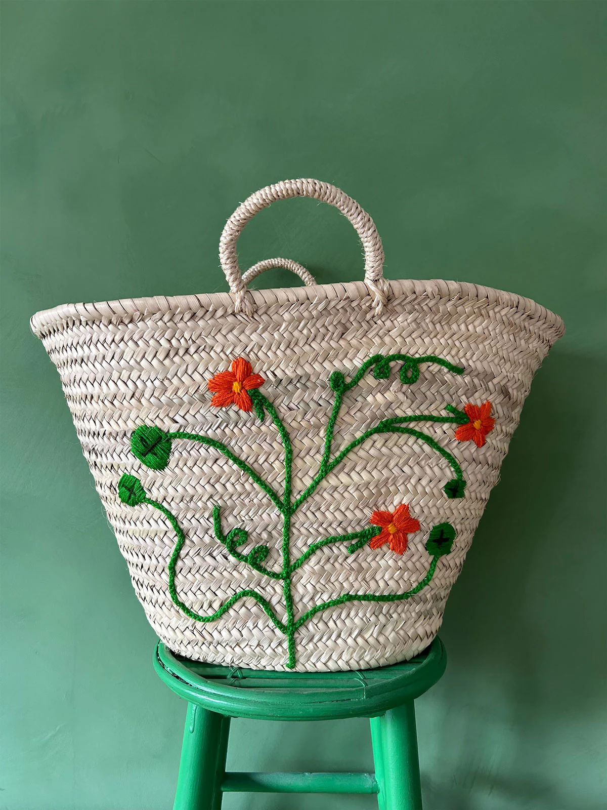 Hand Embroidered Market Basket, Nasturtium