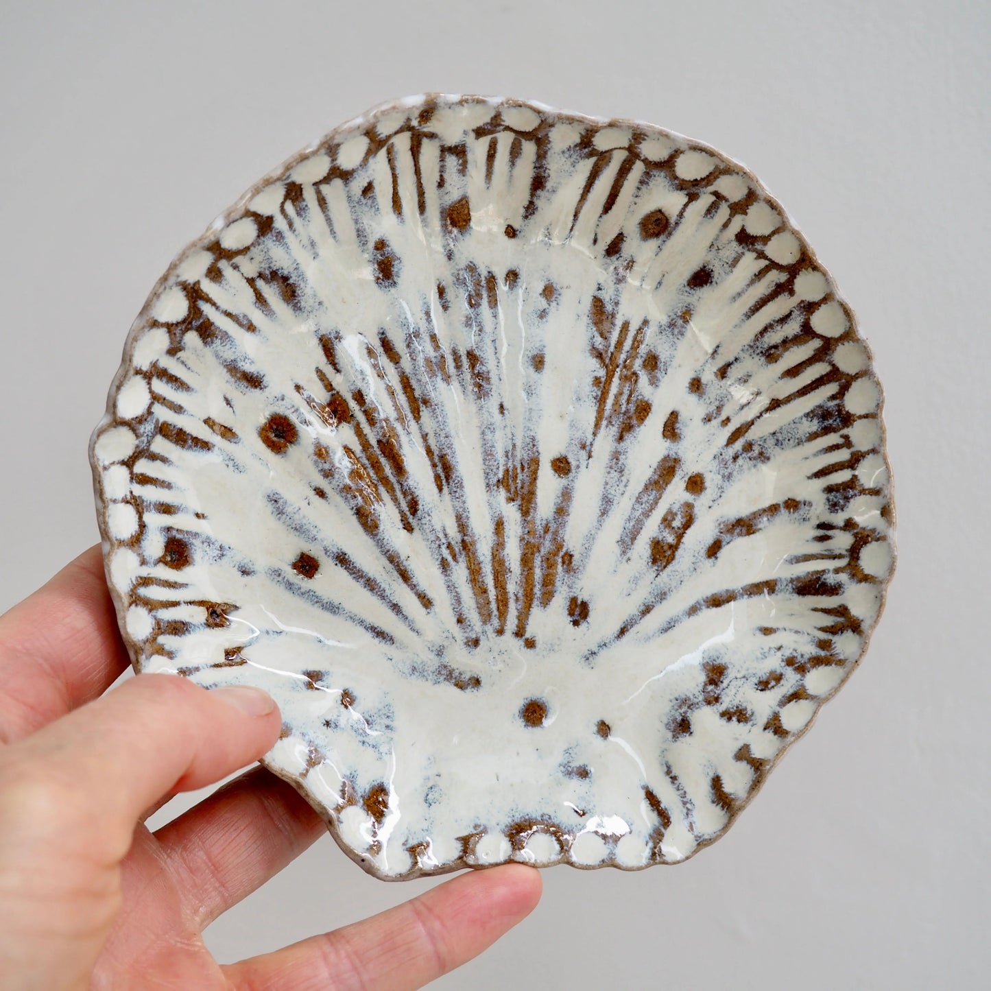 Handmade Pottery White and Brown Shell Dish