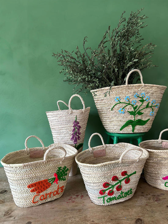 Hand Embroidered Market Basket, Carrots