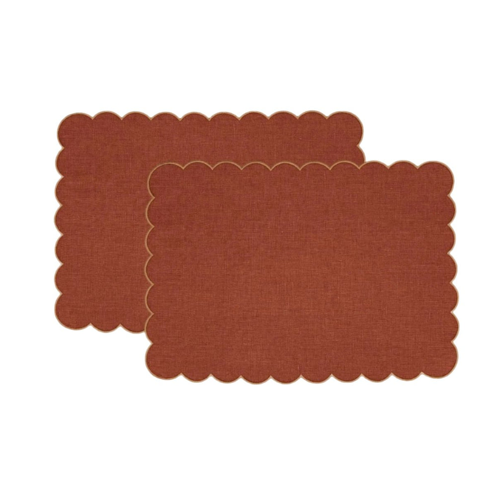 The Red and Yellow Ochre Linen Scalloped Rectangular Placemats (Set of 2)