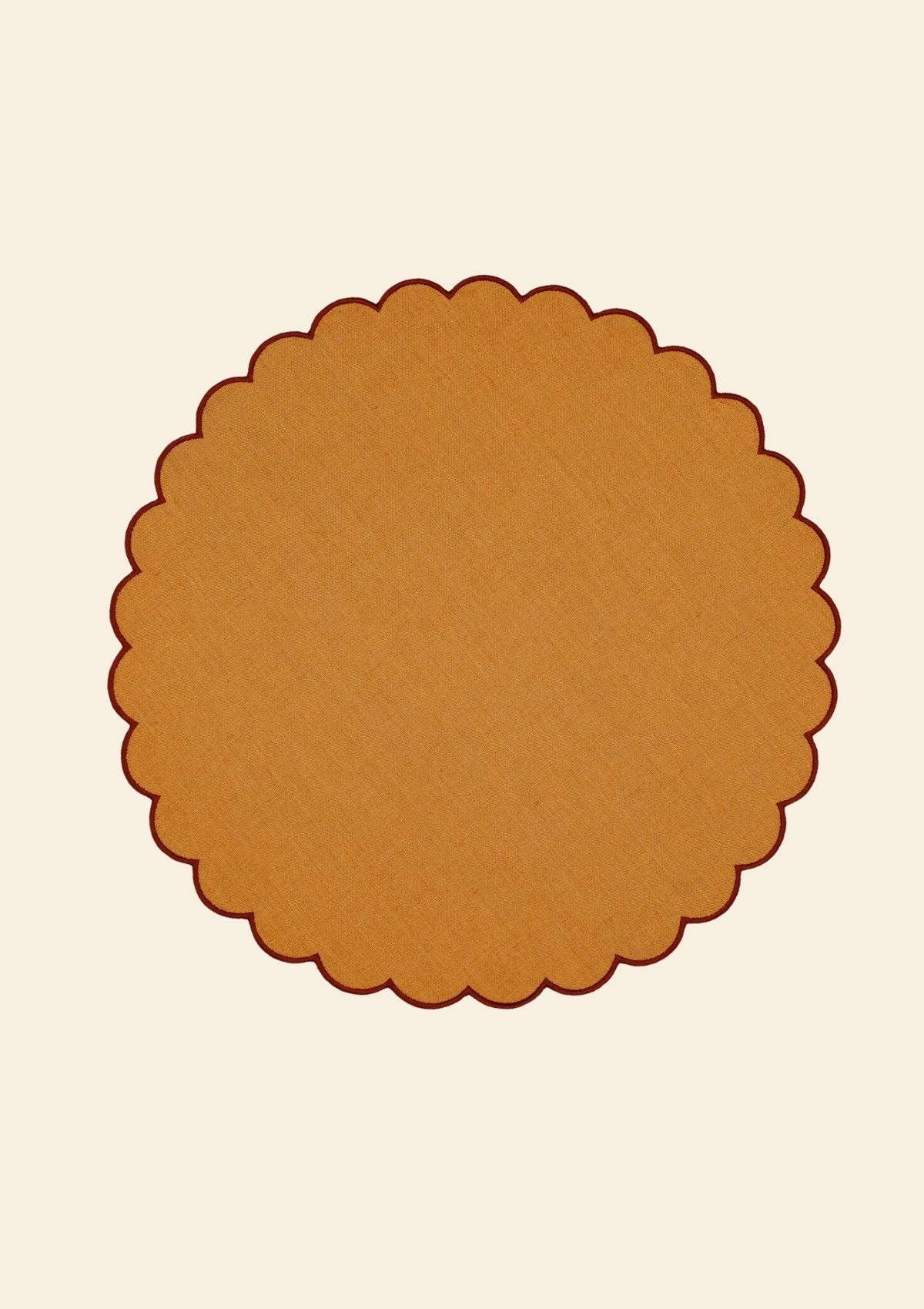 The Yellow and Red Ochre Linen Scalloped Round Placemats (Set of 2)