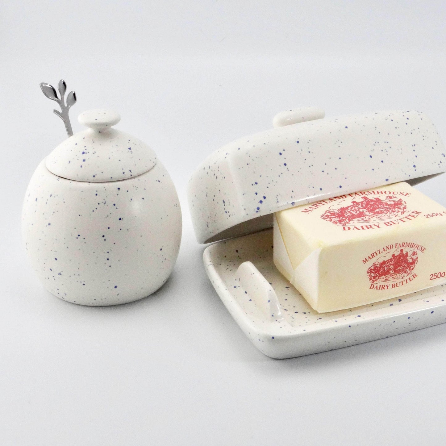 Butter Dish and Sugar Bowl Set - Light Blue Speckled Glaze