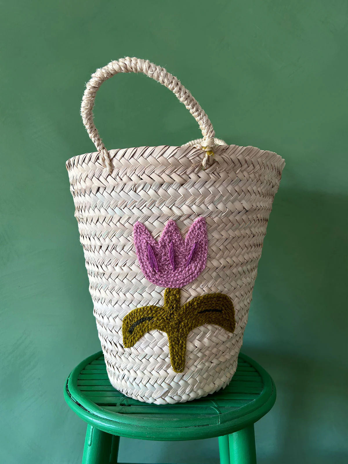 Hand Embroidered Bucket Basket, Tulip