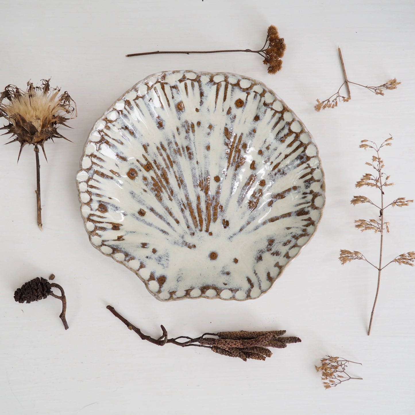 Handmade Pottery White and Brown Shell Dish