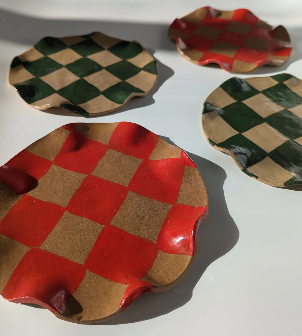 Set of 4 Green & Red Wavy Check Side Plates