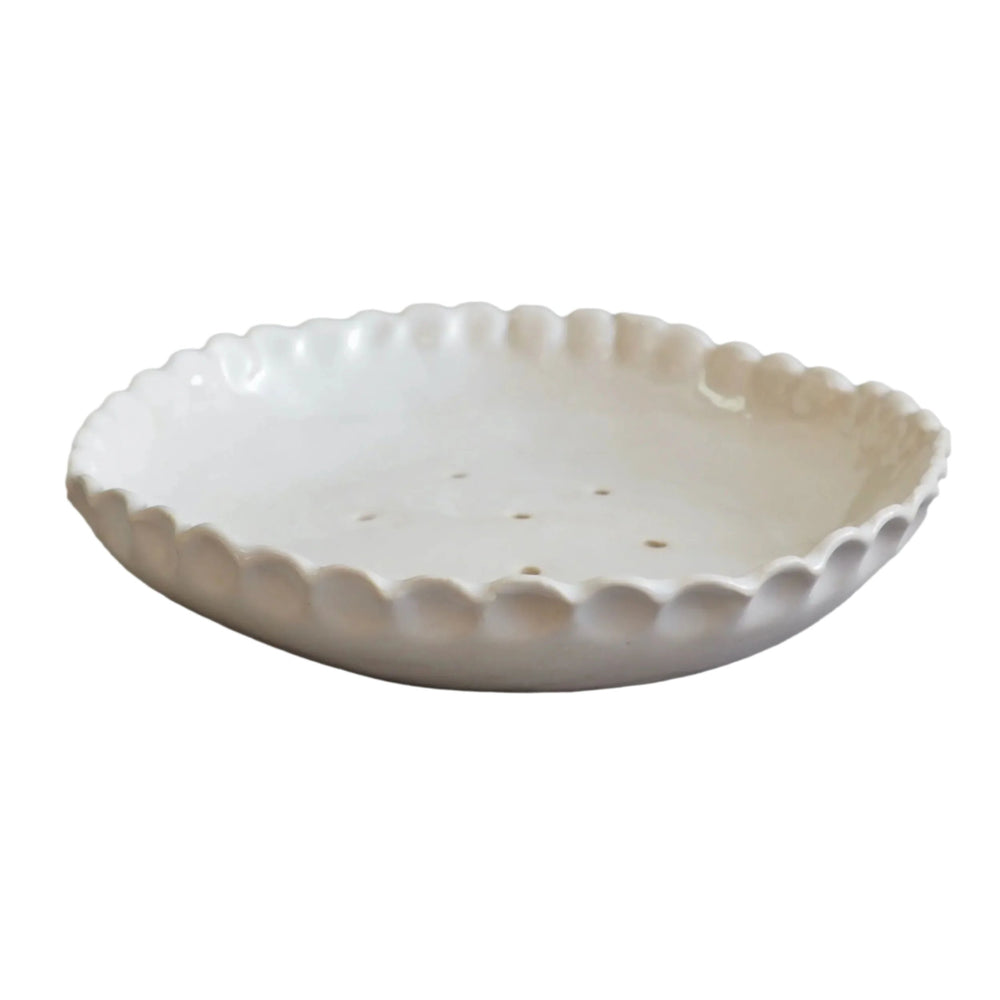 Large Handmade White Gloss Ceramic Soap Dish With Scalloped Edges.