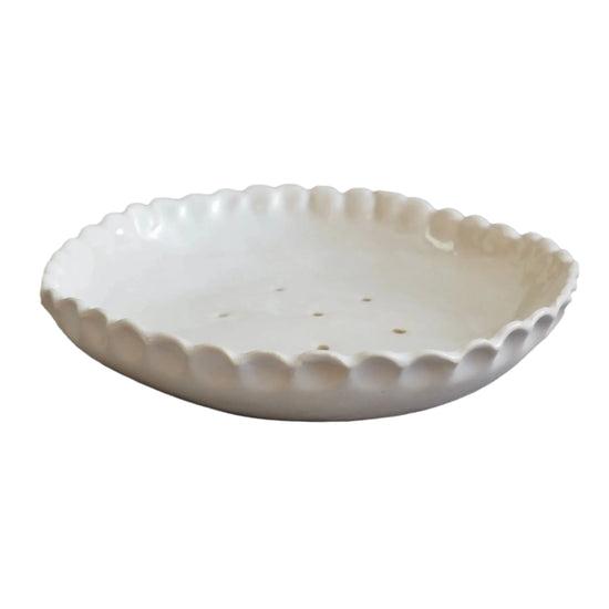 Large Handmade White Gloss Ceramic Soap Dish With Scalloped Edges.