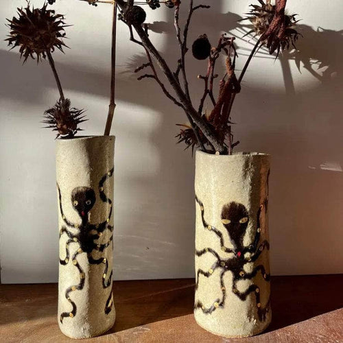 Handmade Pottery Octopus Cylinder Vases with Gold Lustre