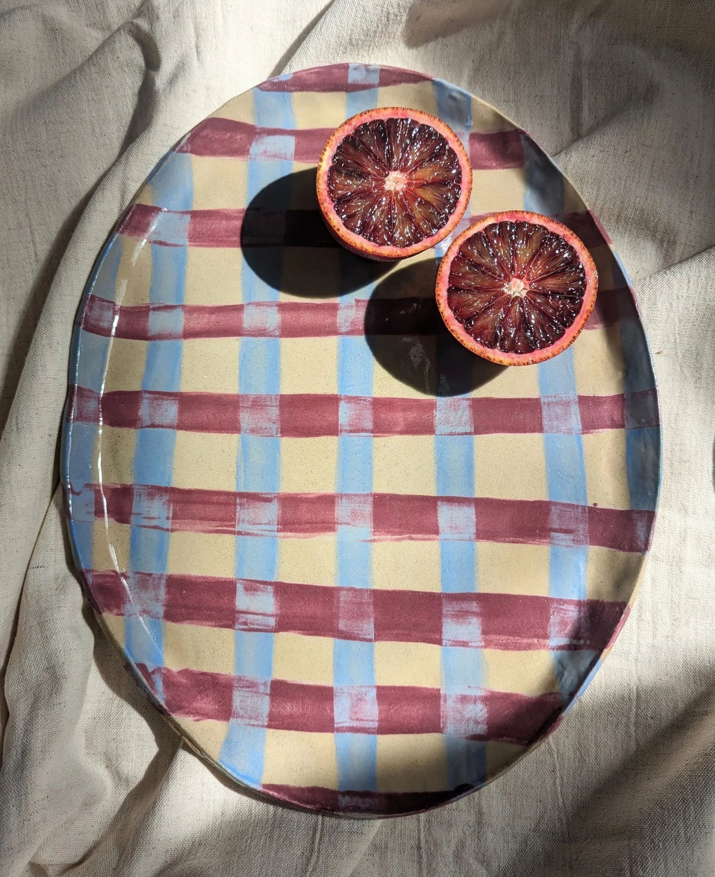 Baby Blue & Burgundy Gingham Oval Platter