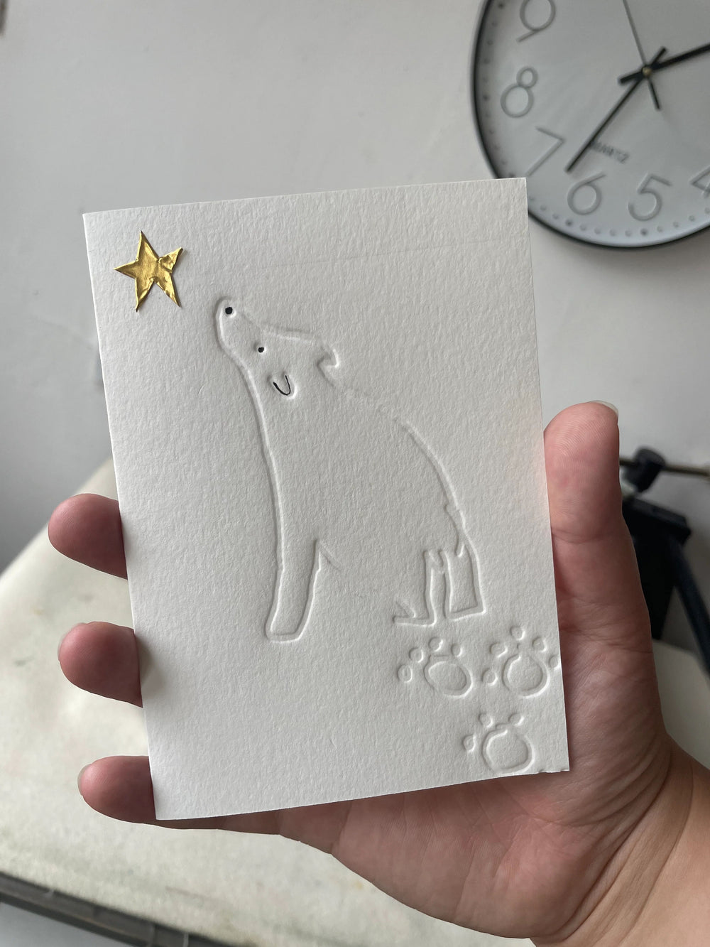 Original Embossing with drawing and gold tin star Winter Christmas Card A6