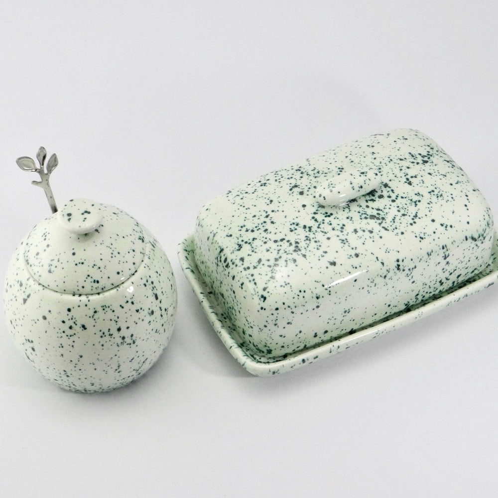 Butter Dish and Sugar Bowl set Speckled Green