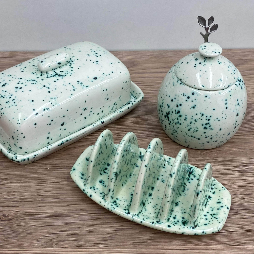 Butter Dish, Sugar Bowl and Toast Rack set Speckled Green