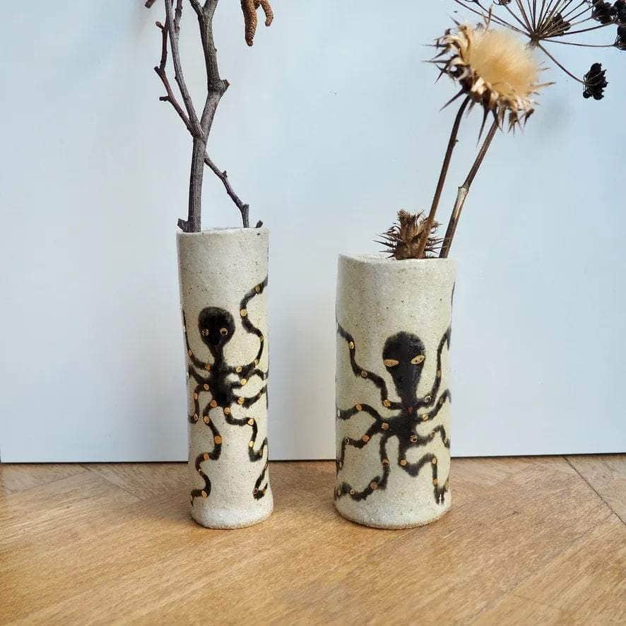 Handmade Pottery Octopus Cylinder Vases with Gold Lustre