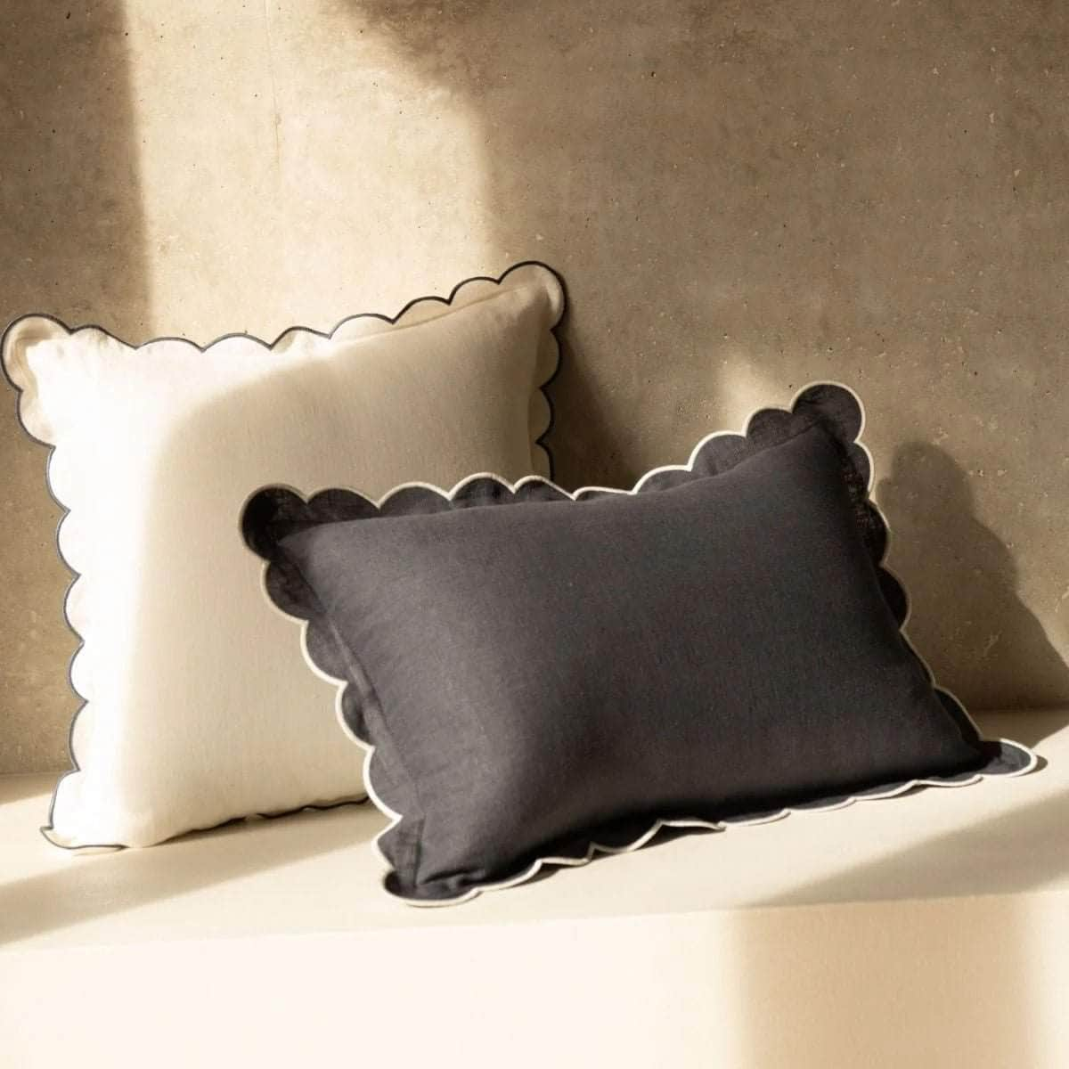 The Slate Blue & White Scalloped Linen Rectangular Cushion