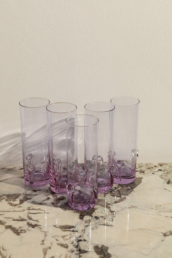 Rare Set of 5 Tall Alexandrite Glasses With Sculptural Pattern