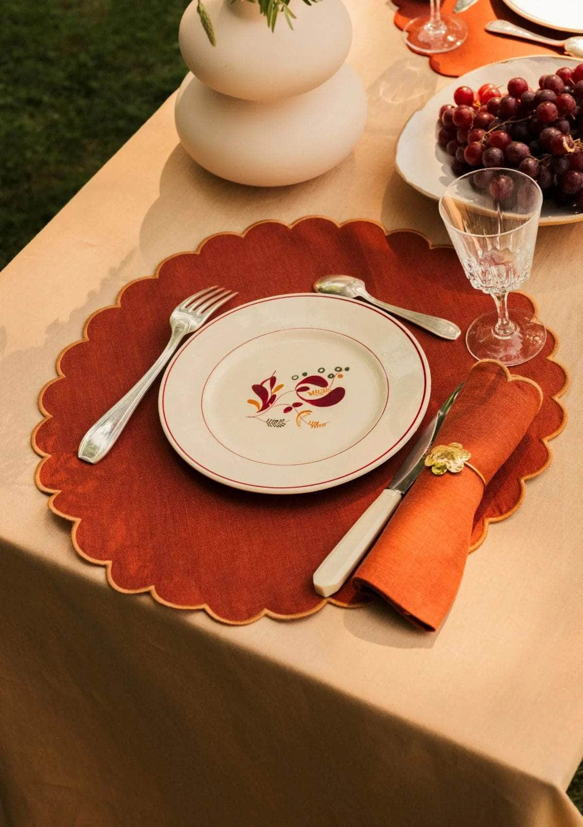 The Red and Yellow Ochre Linen Scalloped Round Placemats (Set of 2)