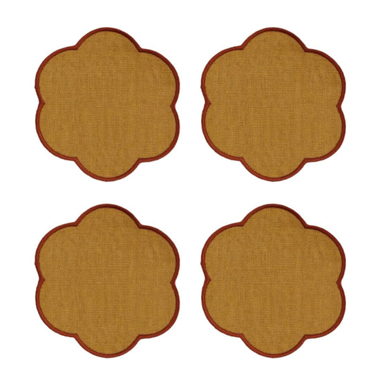 The Yellow and Red Ochre Linen Scalloped Coasters (Set of 4)