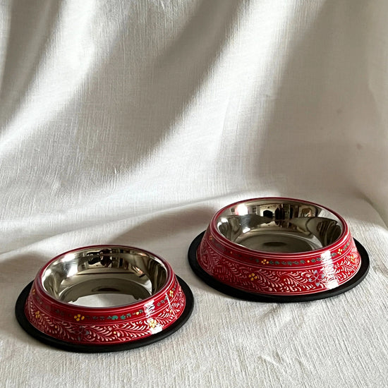 Hand Painted Dog Bowl Large - Canal Boat Red