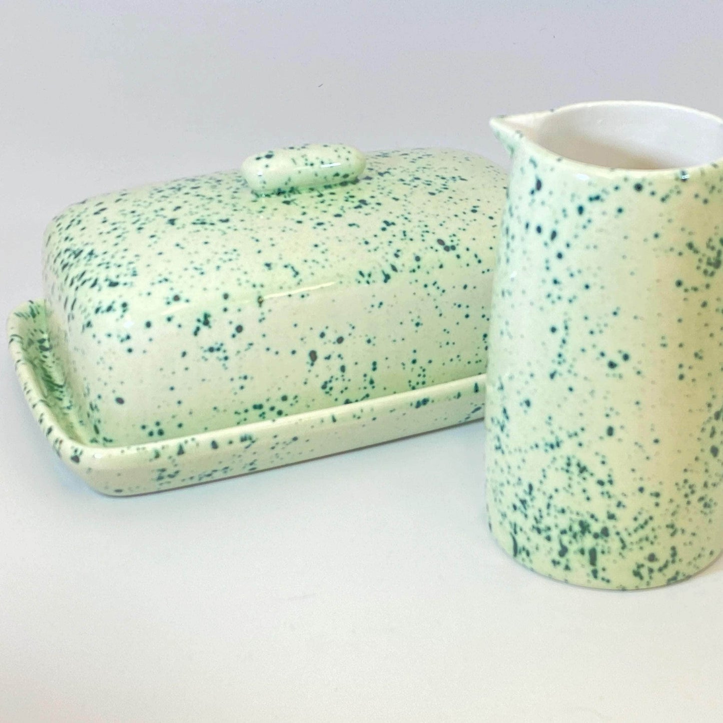 Butter Dish and Milk Jug Set Speckled Green Glaze