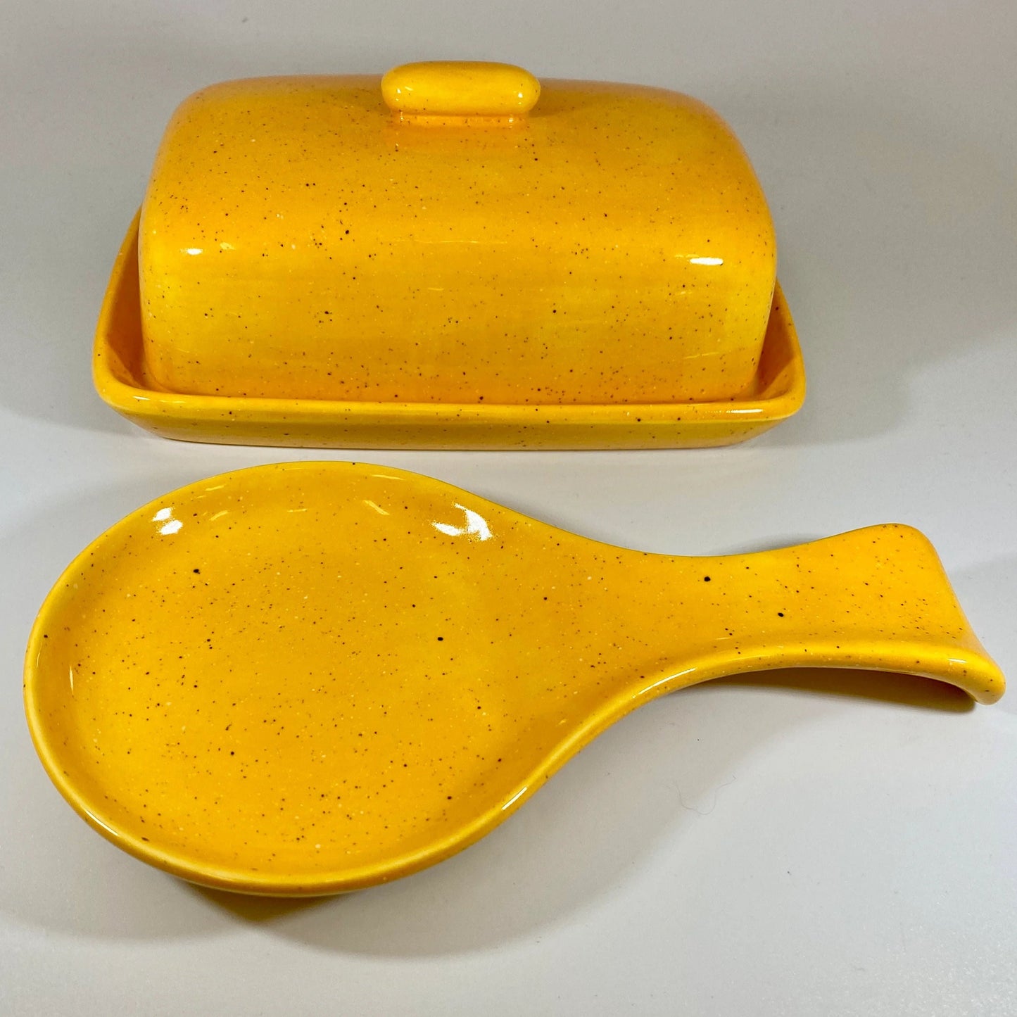 Speckled Yellow Butter Dish and Spoon Rest Set