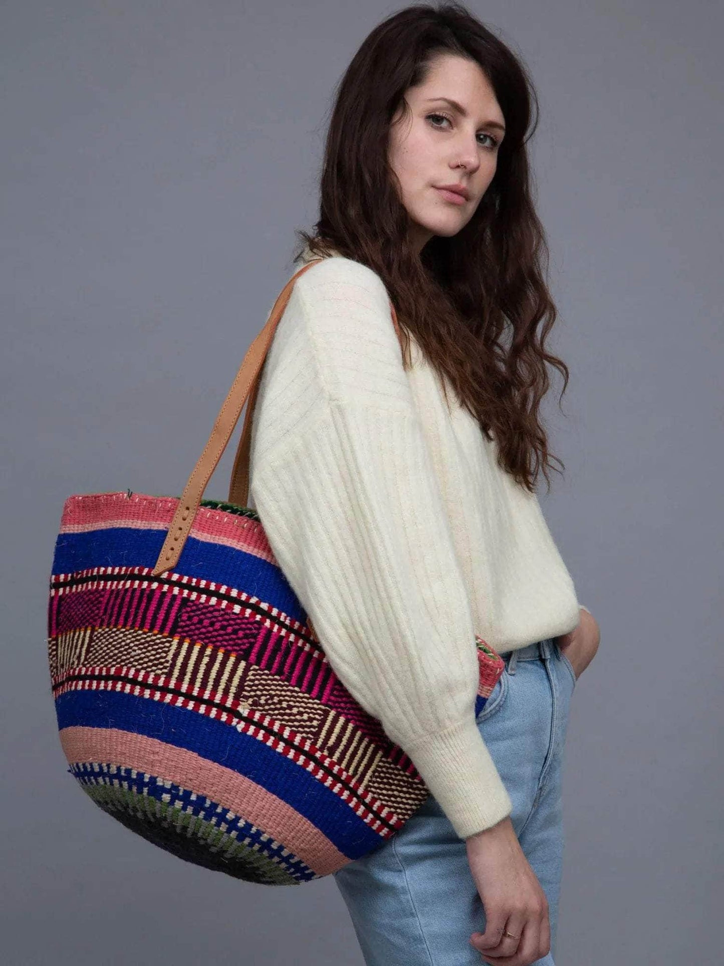 FAIDIKA: Handwoven Green, Red, Purple, Pink Wool Tote Bag