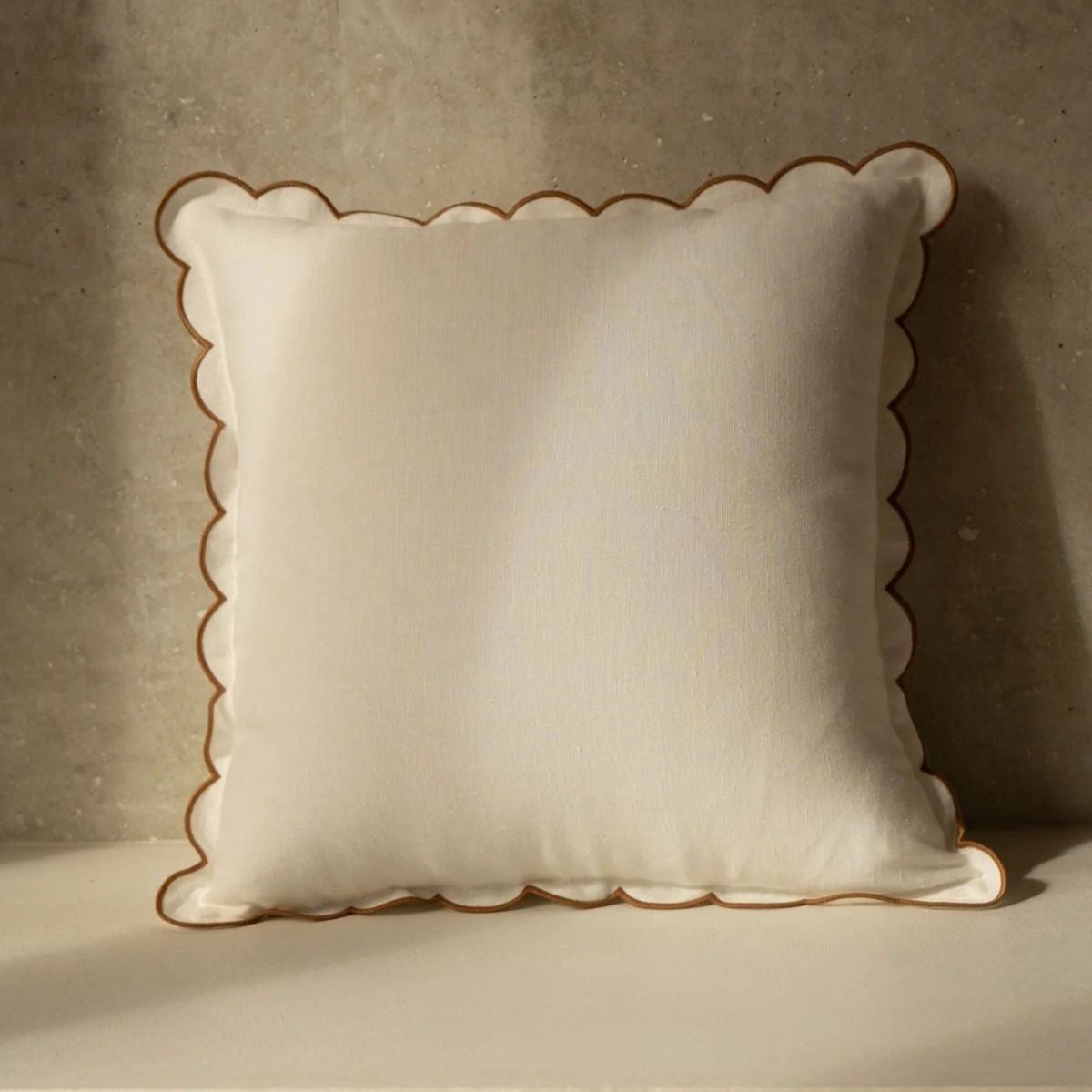 The White & Yellow Ochre Scalloped Linen Square Cushion