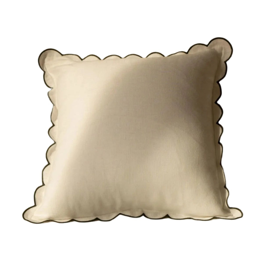 The White & Forest Green Scalloped Linen Square Cushion