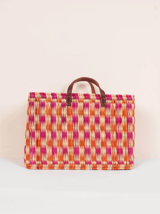 Chequered Reed Basket - Pink + Orange