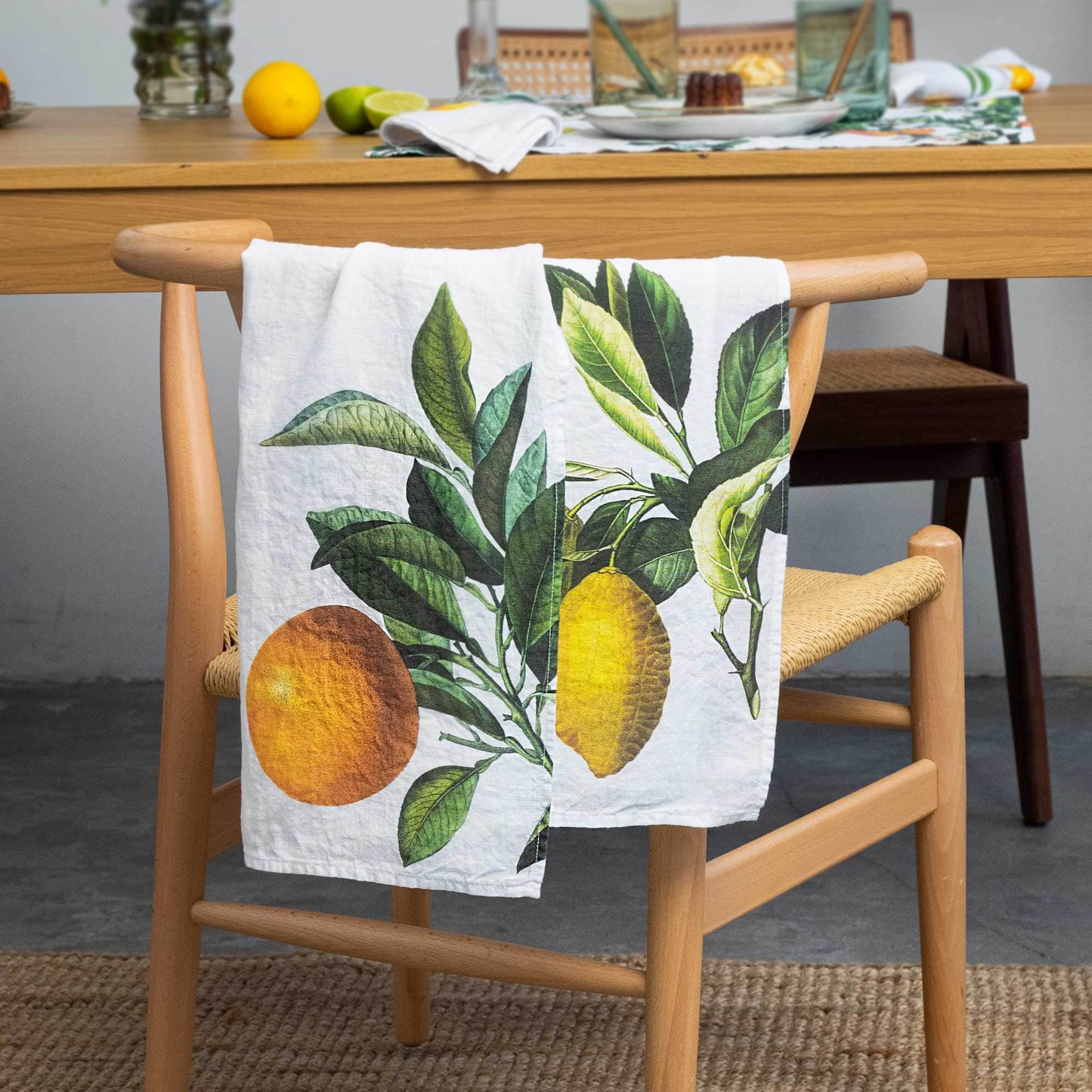 Linen Kitchen Towels ORANGE & LEMON Set of 2 White