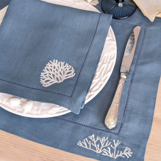 Coral - Blue Embroidered Linen Placemat and Napkin Set