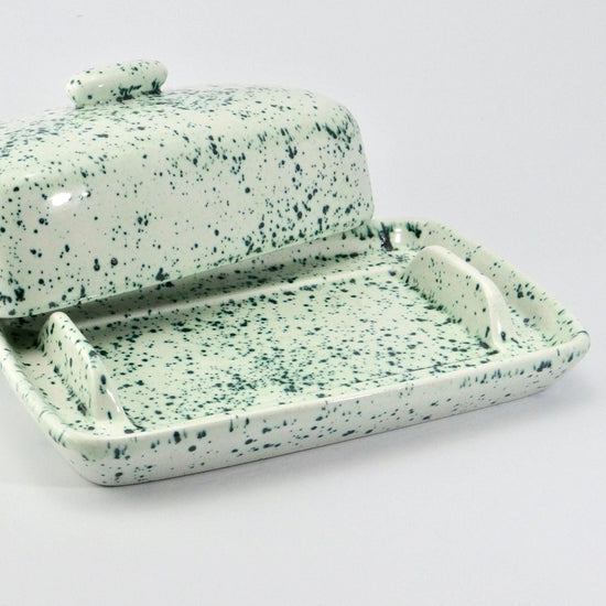 Butter Dish, Speckled Green Glaze