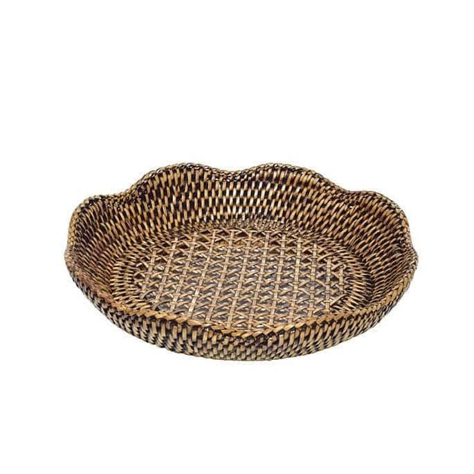 Scalloped Medium Round Rattan Tray - Brown