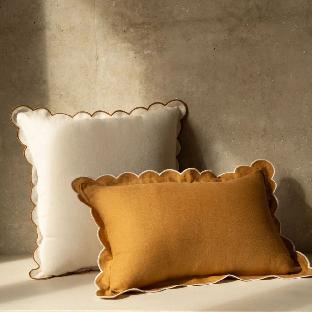 The Yellow ochre & White Scalloped Linen Rectangular Cushion