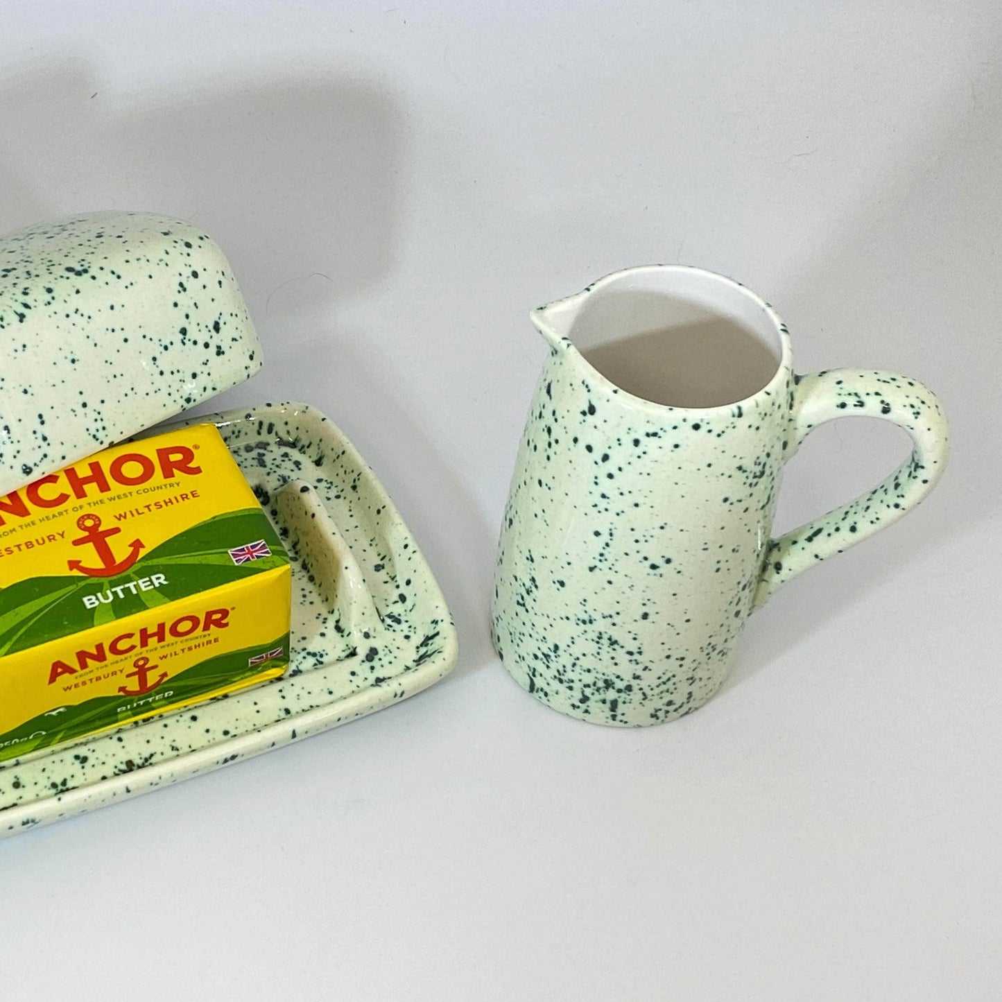 Butter Dish and Milk Jug Set Speckled Green Glaze