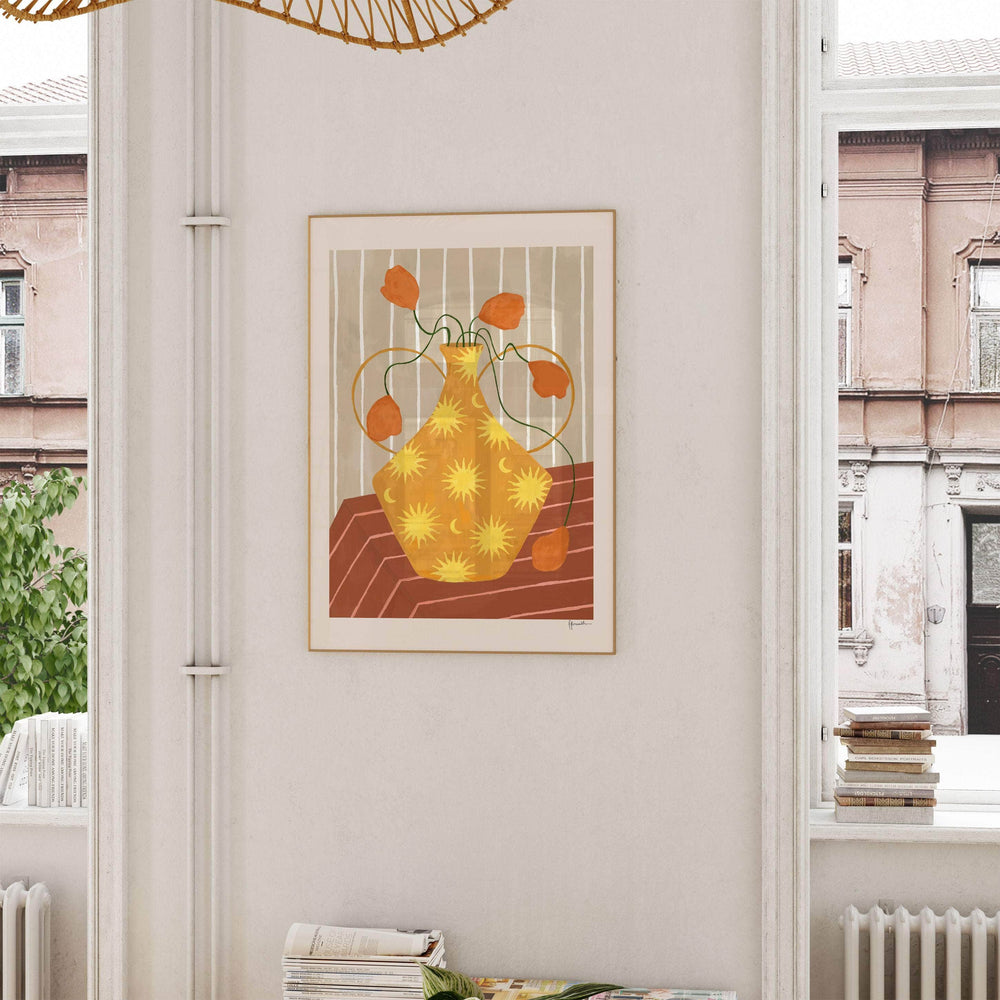 Orange Flowers In Sun & Moon Vase Print