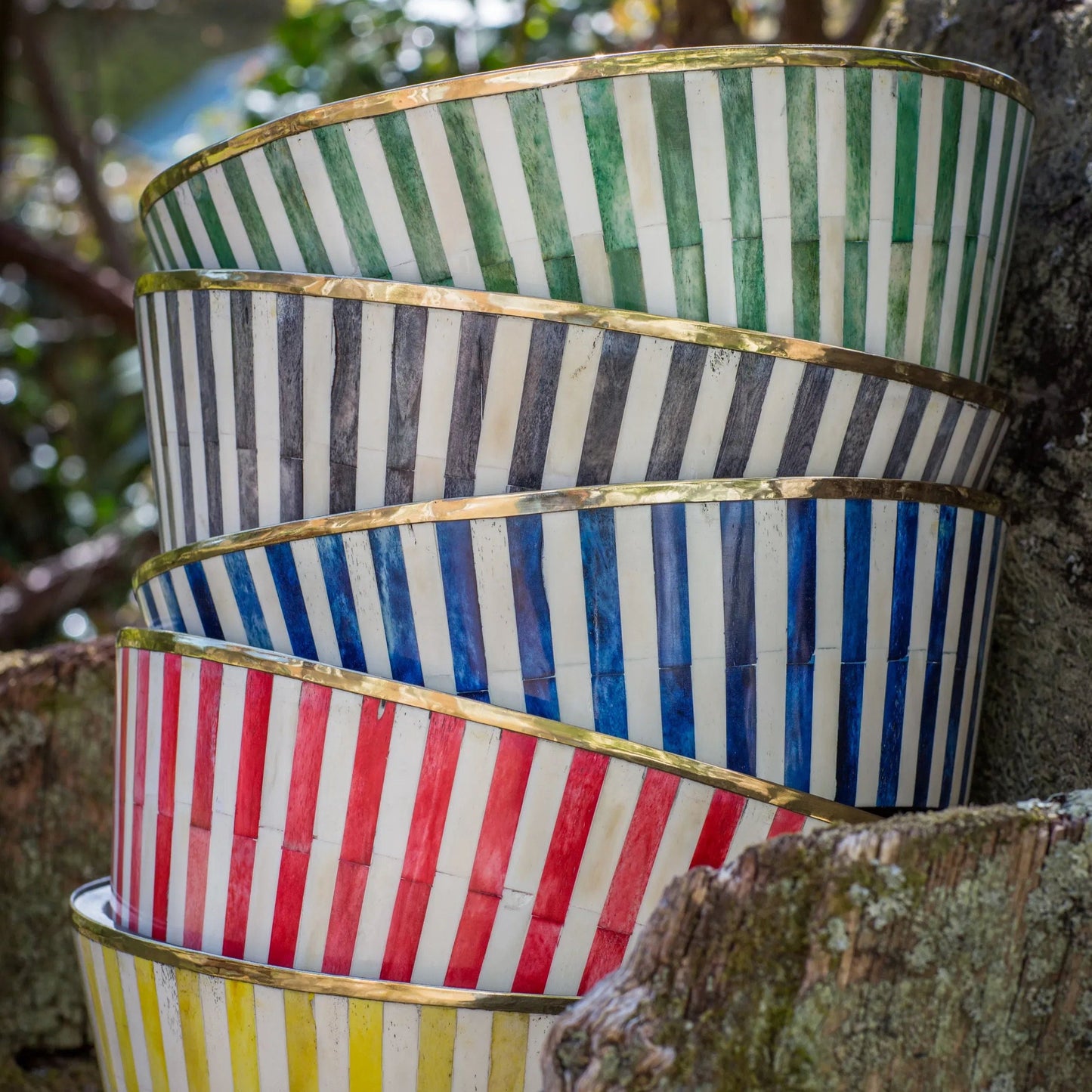 Round Inlay Planter Large - Forest Green - Striped