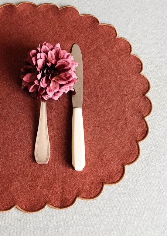 The Red and Yellow Ochre Linen Scalloped Round Placemats (Set of 2)