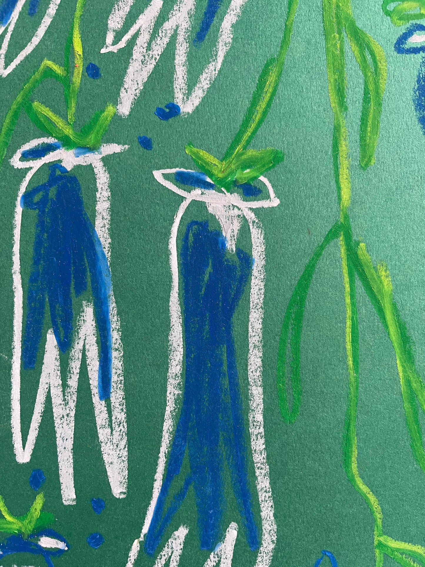 Blue and Grey Dropping Florals on Green Background I Original Painting A3