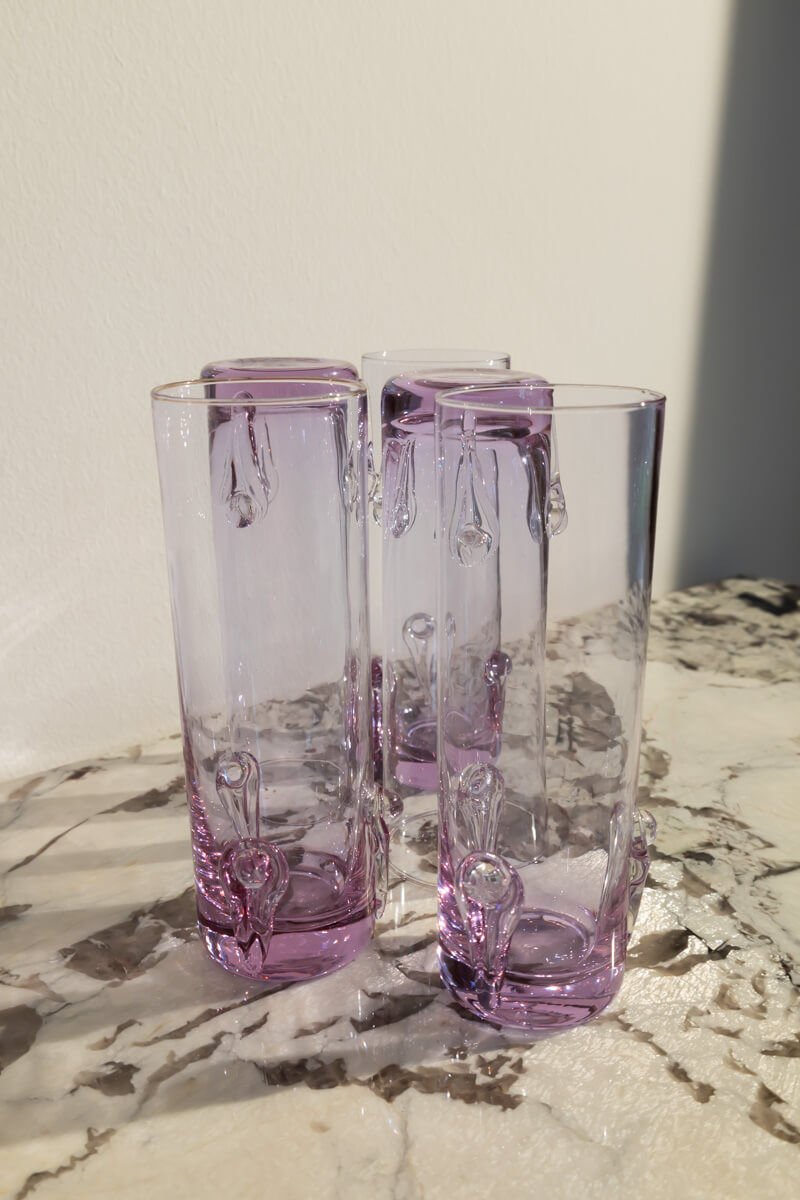 Rare Set of 5 Tall Alexandrite Glasses With Sculptural Pattern