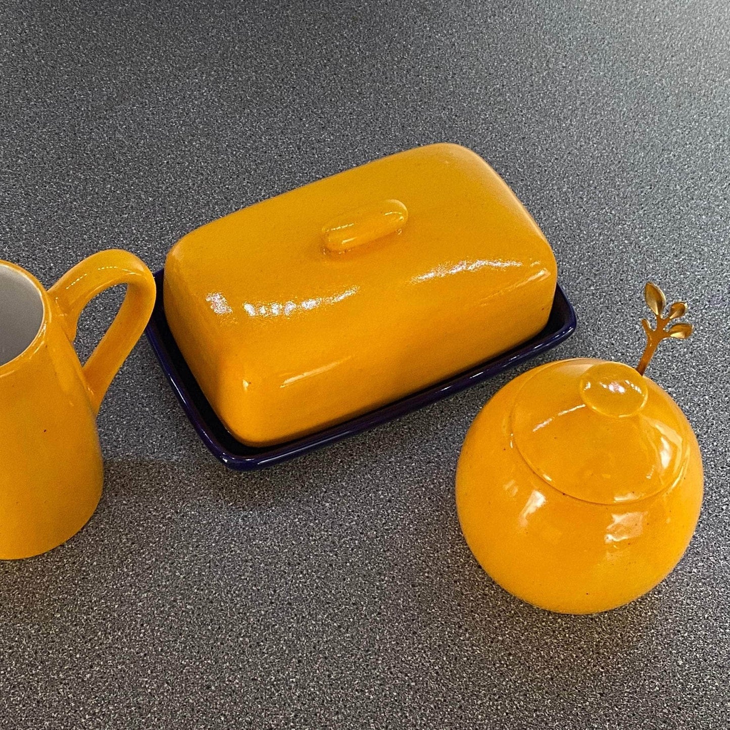 Butter Dish, Sugar Bowl, Spoon Rest and Milk Jug Set - Speckled Yellow