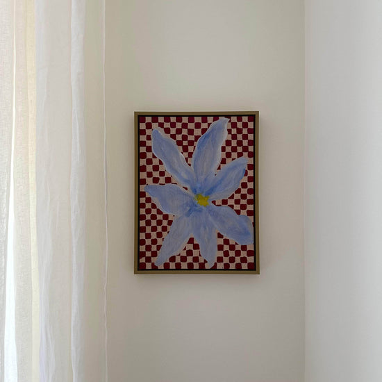 Soft Blue Bloom on Wood Checkerboard - Original Painting