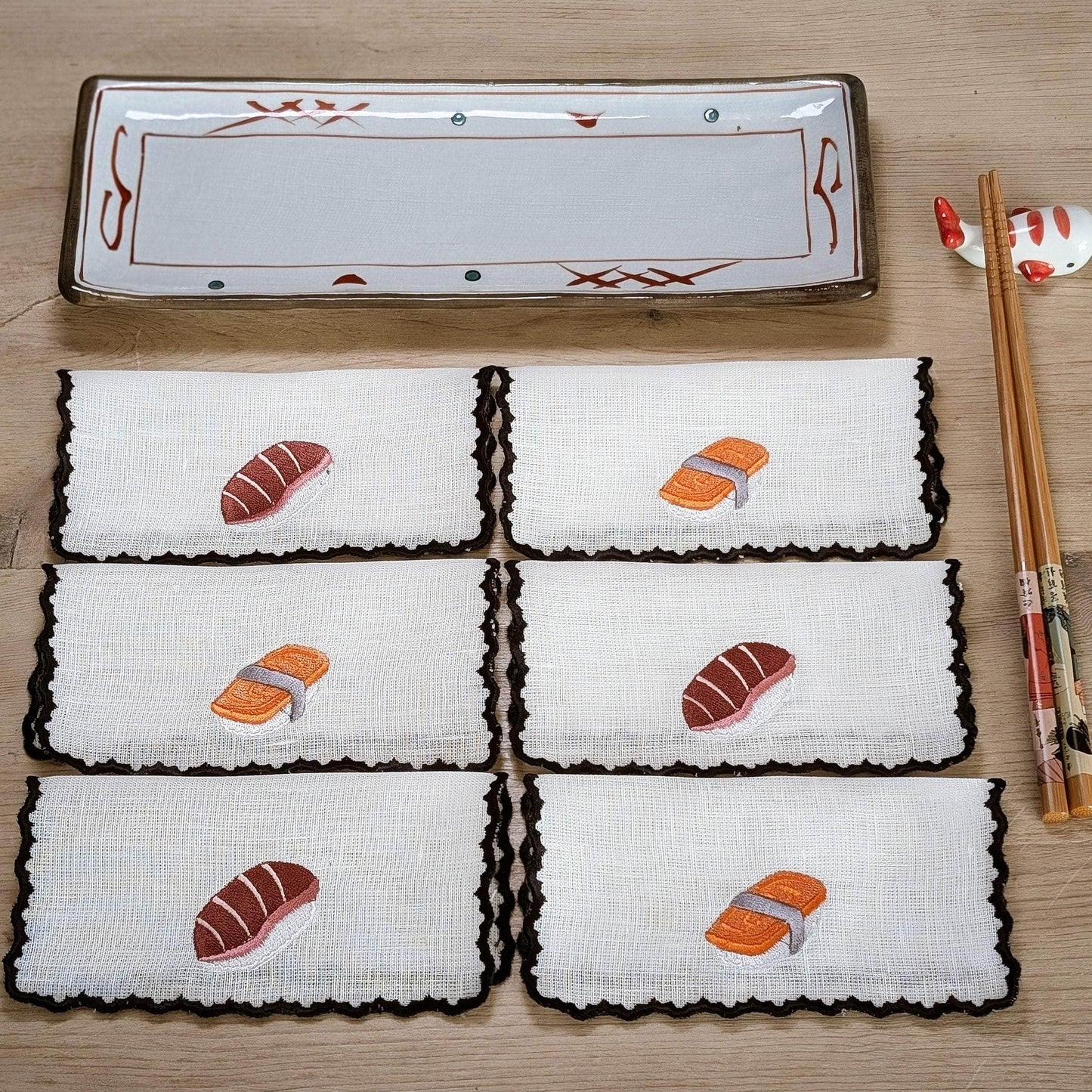 JAPAN - Sushi Embroidery Cocktail Napkin Set (set of 6)