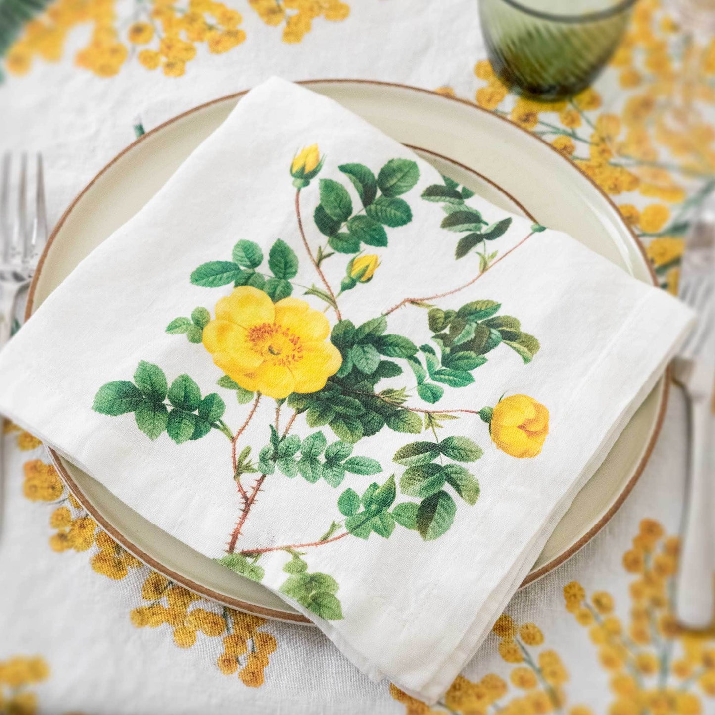 Linen Napkins YELLOW FLOWERS Set of 6 Off White