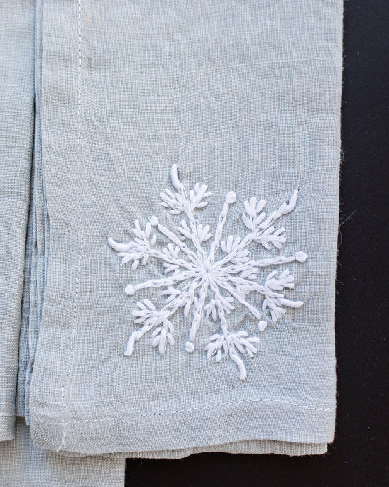 Hand Embroided Linen Napkins - Light Gray-Blue 2 - Set of 4